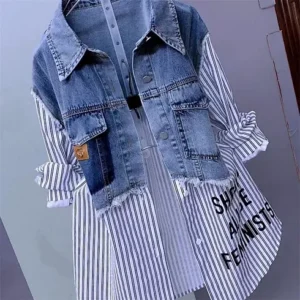 New Splicing Denim Jacket Women Spring Autumn Korean Fashion Denim