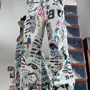 Graffiti Print Women Pants Chic Fashion Harajuku Drawstring Wide Leg